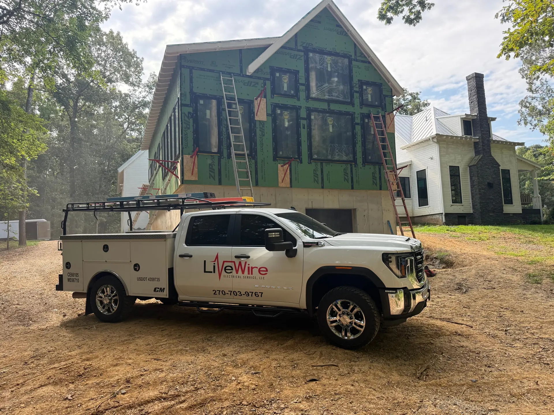 LiveWire Electrical Service truck on site for new home construction wiring